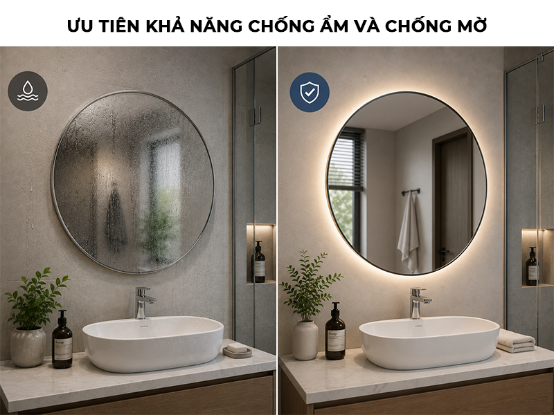 Ưu tiên các loại gương nhà tắm chống ẩm và chống mờ tốt