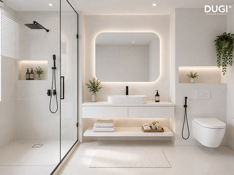 phòng tắm Tone trắng tối giản