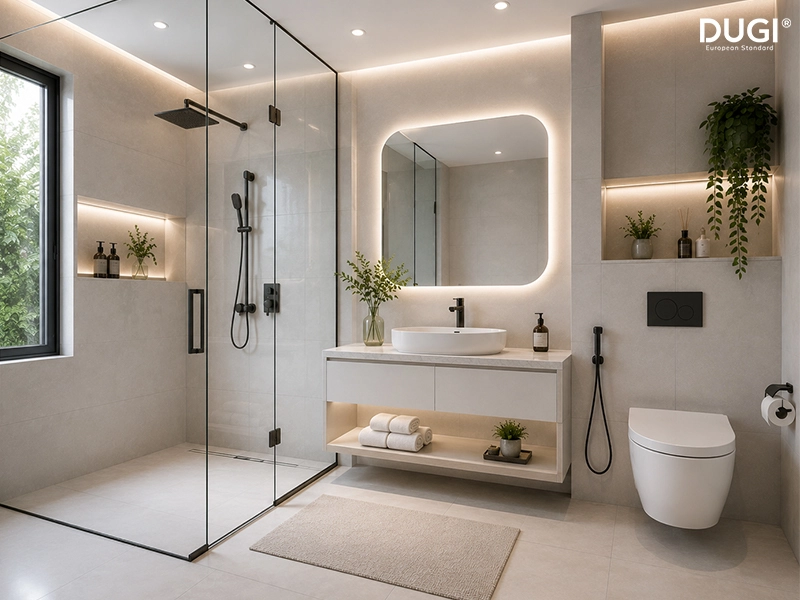 Vách kính cường lực ngăn cách khu vực tắm