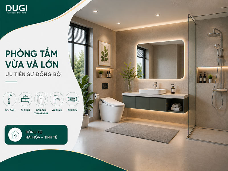 Phòng tắm vừa và rộng ưu tiên sự đồng bộ