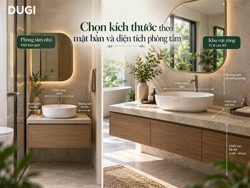 Cách chọn kích thước theo mặt bàn và diện tích phòng tắm